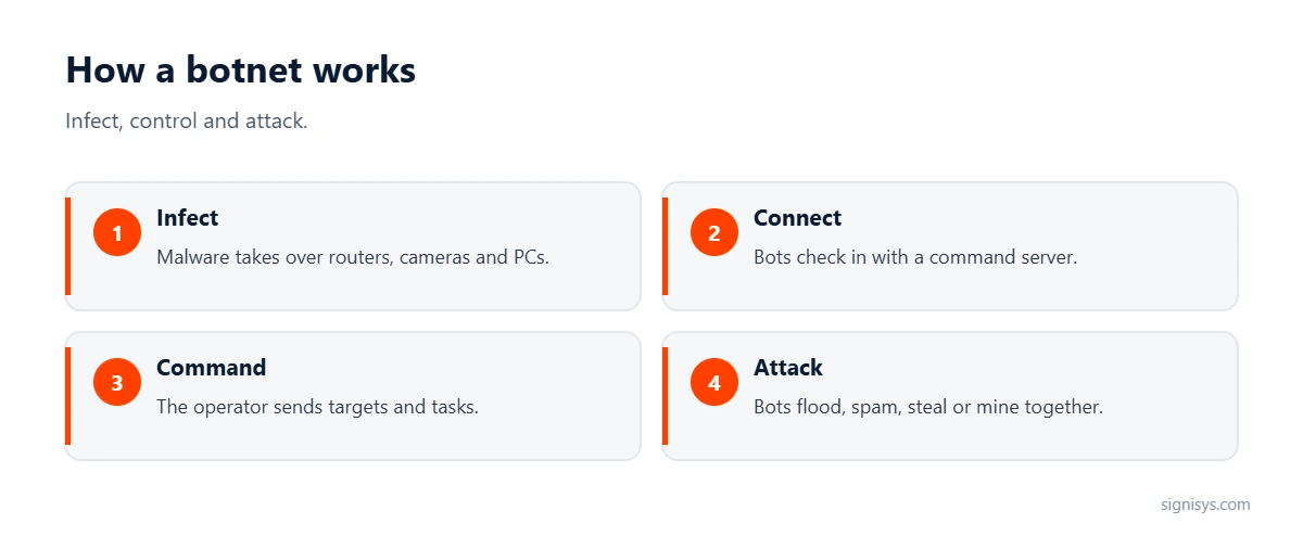How a botnet works: infect, connect, command and attack