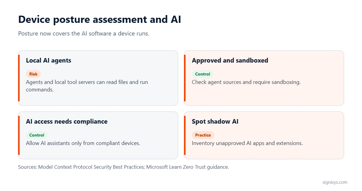 Device posture assessment and AI: local AI agents, approved and sandboxed agents, compliant devices for AI access and spotting shadow AI