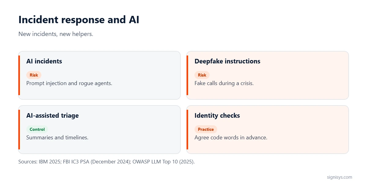 Incident response and AI: AI incidents, deepfake instructions, AI-assisted triage and identity checks