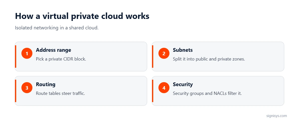 How a virtual private cloud works: address range, subnets, routing and security